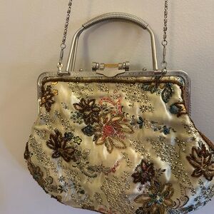 Elegant Floral Embroidered Clutch with Silver Accents